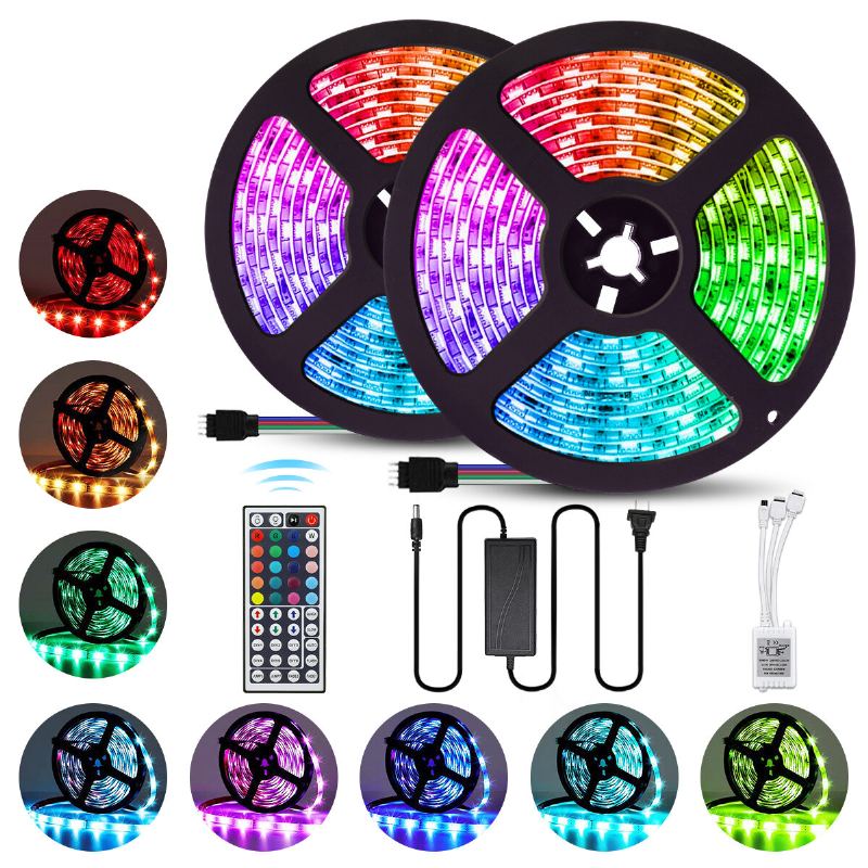 2pcs 5m 5050 Led Páskové Světlo Rgb Vodotěsná Dekorativní Lampa + Napájecí Zdroj + Dálkové Ovládání 44 Klíčů Dc12v