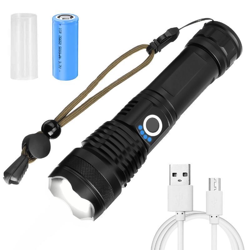 Liumy P50 Led Sada Svítilny Se Zoomem A Baterií 26650 Usb Kabel Napájecí Displej Usb Dobíjecí Led Svítilna