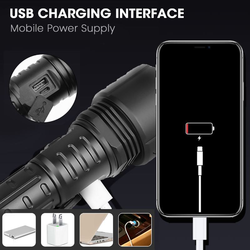 Přenosná Usb Dobíjecí 5 Režimů A Zoomovatelná Taktická Svítilna P70.2 Vodotěsná S Vysokým Jasem