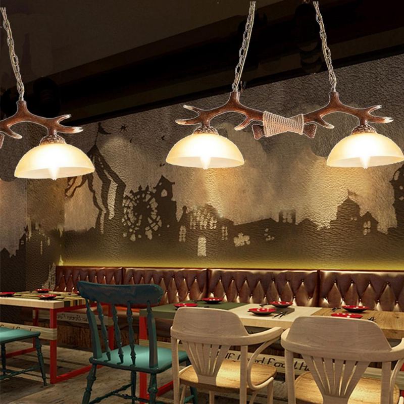 Vintage Paroží Pryskyřice Double Light Jelení Roh Přívěsek Lustr Lampa Jídelní Bar