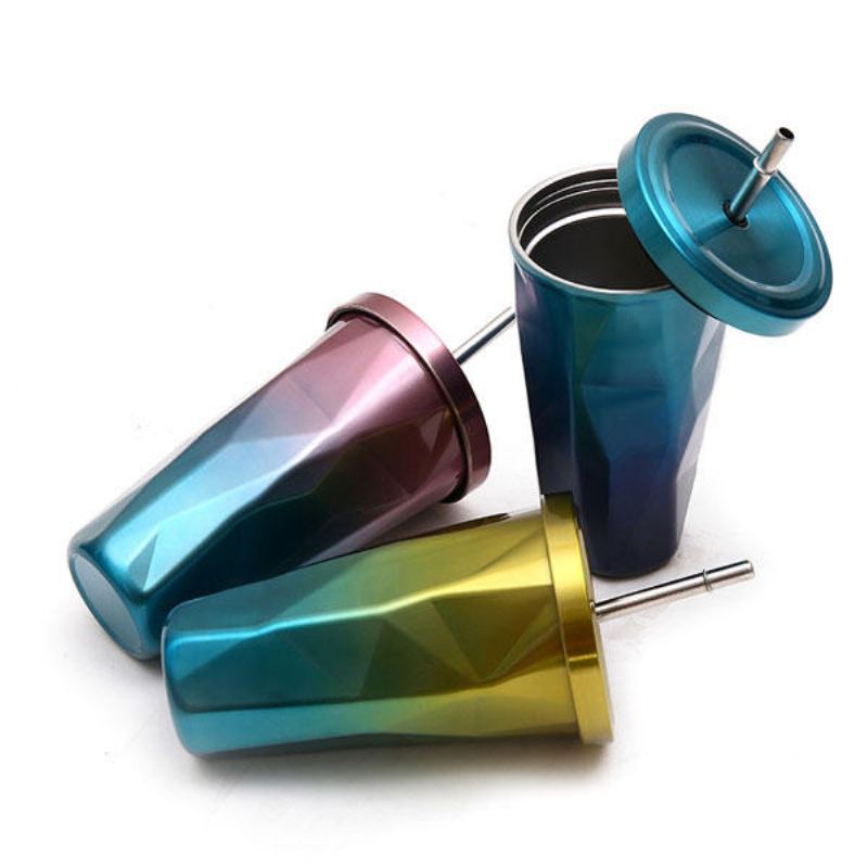 473l Šálky Z Nerezové Oceli Gradient Color Diamond Double Wall Cestovní Láhve Na Vodu Se Slámou