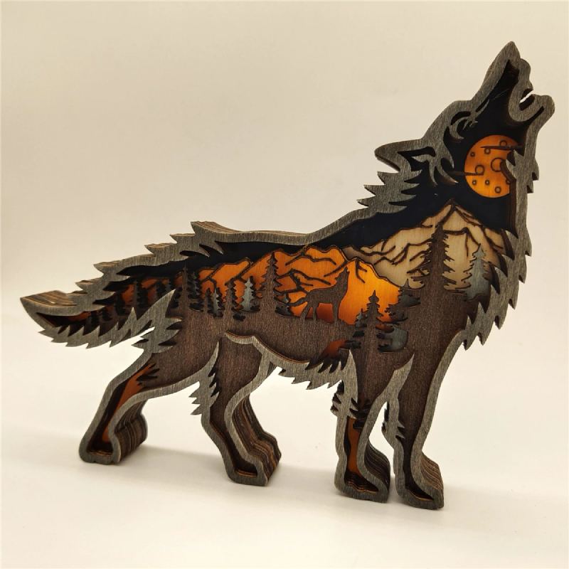 Dřevěné Wolf Ornament Led Světla 3d Řezbářství
