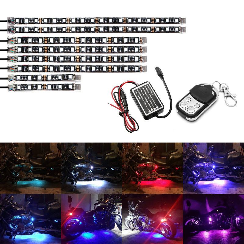 8 Ks Motocyklové Led Světelné Proužky Dc 12-voltové Vodotěsné Rgb Vícebarevné Podsvícení Neonové Osvětlení S Atmosférickým Efektem Země S Dálkovým Ovládáním A Lepicími Sponami