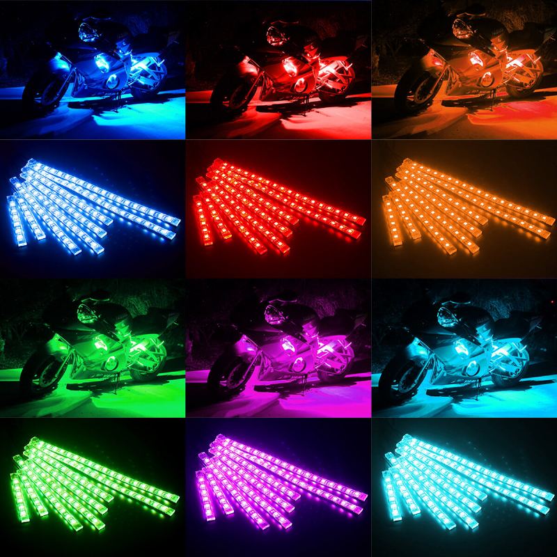 8 Ks Motocyklové Led Světelné Proužky Dc 12-voltové Vodotěsné Rgb Vícebarevné Podsvícení Neonové Osvětlení S Atmosférickým Efektem Země S Dálkovým Ovládáním A Lepicími Sponami