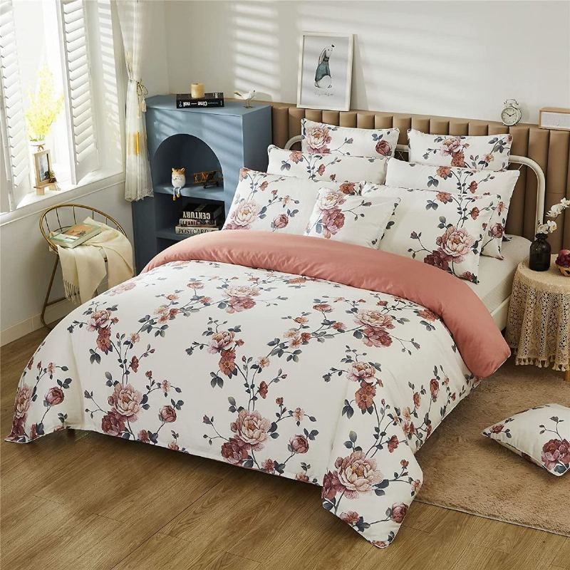 3 Ks Shabby Farmhouse Květinové Béžové Ložní Soupravy Elegantní Kvetoucí Květ Pivoňka Sada Povlečení Na Přikrývku 100% Egyptská Bavlna 800 Nitě Se Zapínáním Na Skrytý Zip