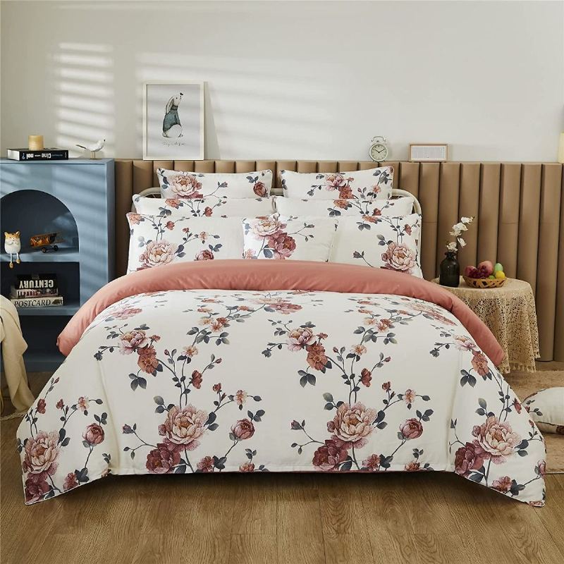 3 Ks Shabby Farmhouse Květinové Béžové Ložní Soupravy Elegantní Kvetoucí Květ Pivoňka Sada Povlečení Na Přikrývku 100% Egyptská Bavlna 800 Nitě Se Zapínáním Na Skrytý Zip