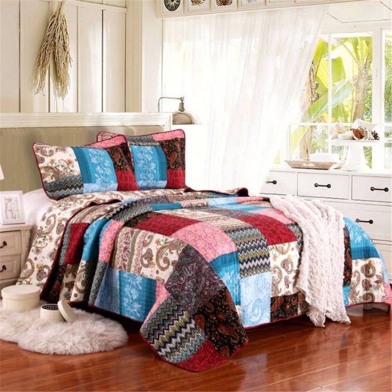3ks Luxusní Přikrývka Bohemian Cotton Patchwork Prošívaná Set Přehoz Přes Postel Světlé Zářivé Květinové Paisley Povlečení Queen