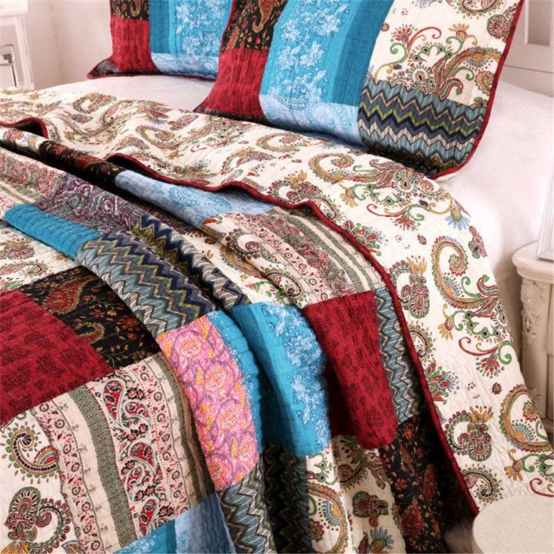 3ks Luxusní Přikrývka Bohemian Cotton Patchwork Prošívaná Set Přehoz Přes Postel Světlé Zářivé Květinové Paisley Povlečení Queen