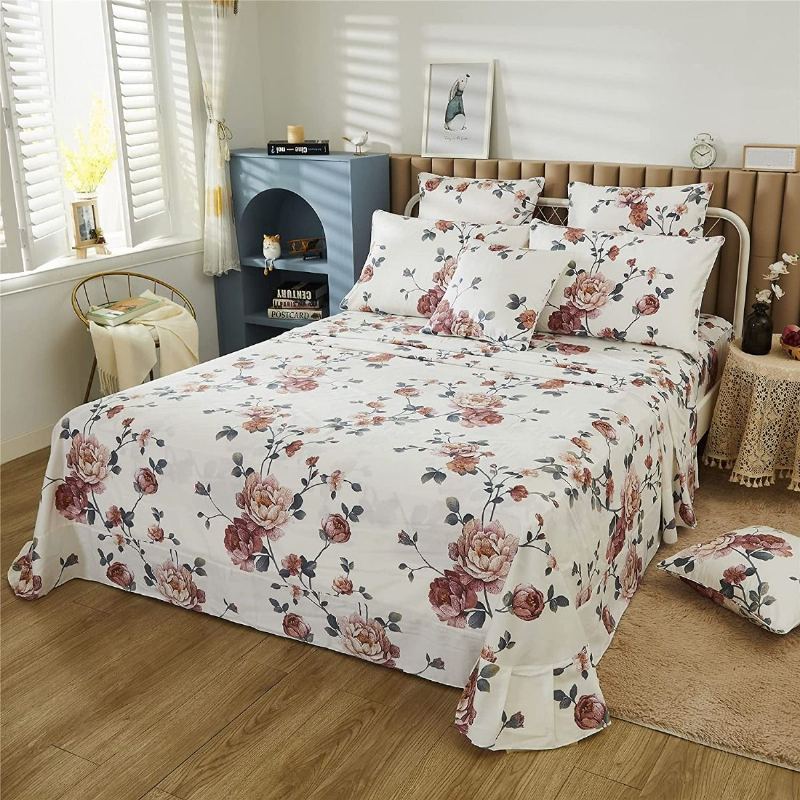 4ks Shabby Farmhouse Floral Béžová Sada Povlečení Elegantní Kvetoucí Pivoňka 100% Egyptská Bavlna Počet Nití 800 Kapesní Prostěradlo