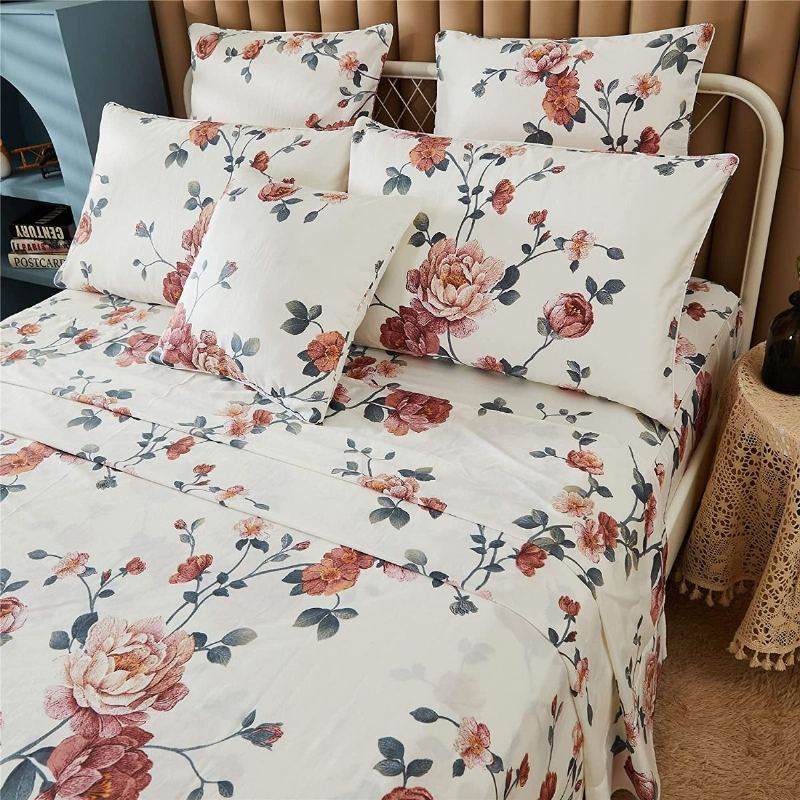 4ks Shabby Farmhouse Floral Béžová Sada Povlečení Elegantní Kvetoucí Pivoňka 100% Egyptská Bavlna Počet Nití 800 Kapesní Prostěradlo