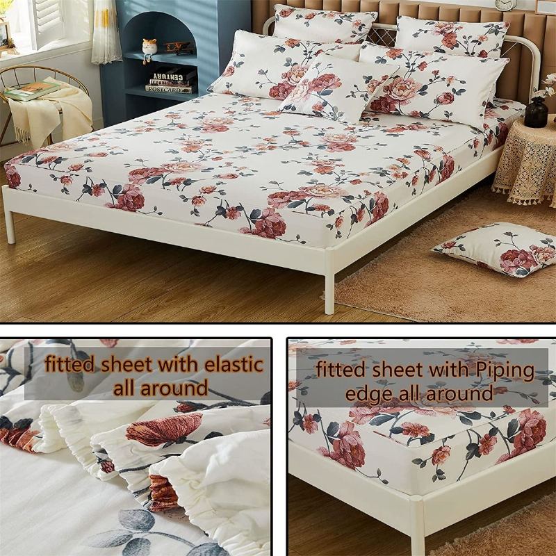 4ks Shabby Farmhouse Floral Béžová Sada Povlečení Elegantní Kvetoucí Pivoňka 100% Egyptská Bavlna Počet Nití 800 Kapesní Prostěradlo