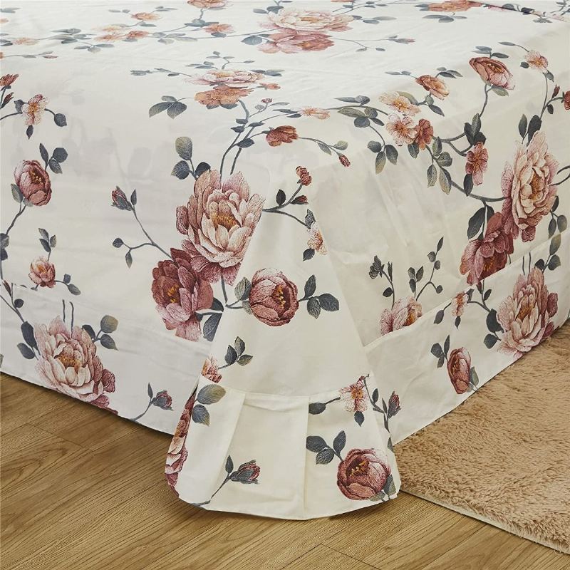 4ks Shabby Farmhouse Floral Béžová Sada Povlečení Elegantní Kvetoucí Pivoňka 100% Egyptská Bavlna Počet Nití 800 Kapesní Prostěradlo