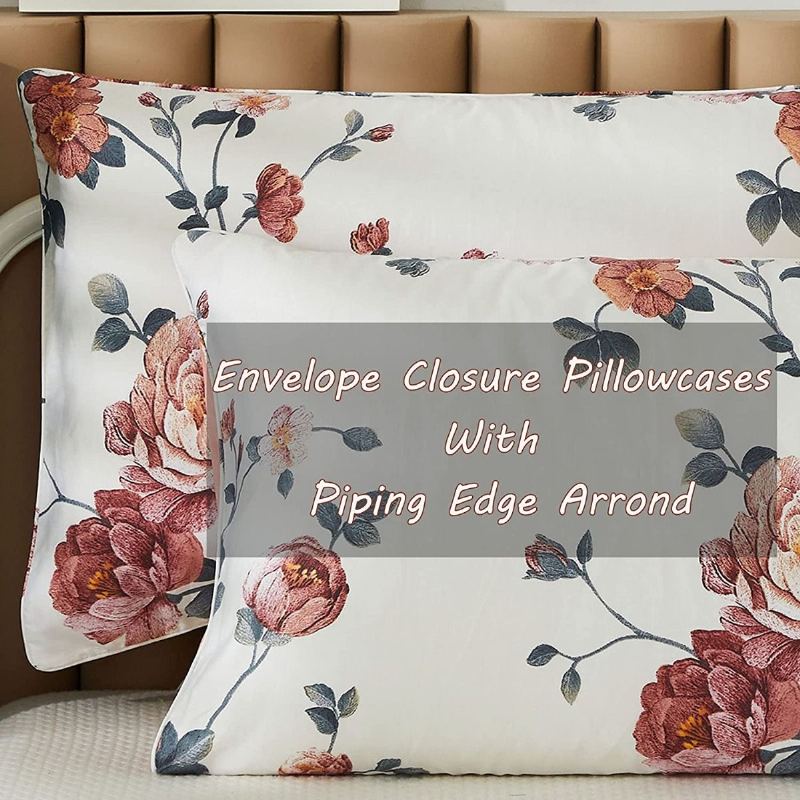 4ks Shabby Farmhouse Floral Béžová Sada Povlečení Elegantní Kvetoucí Pivoňka 100% Egyptská Bavlna Počet Nití 800 Kapesní Prostěradlo