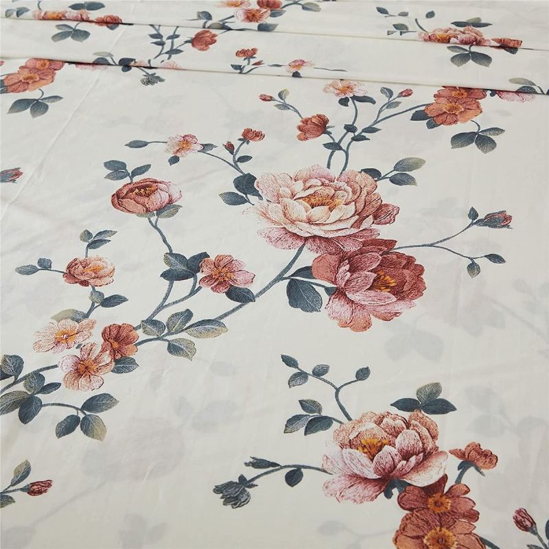 4ks Shabby Farmhouse Floral Béžová Sada Povlečení Elegantní Kvetoucí Pivoňka 100% Egyptská Bavlna Počet Nití 800 Kapesní Prostěradlo