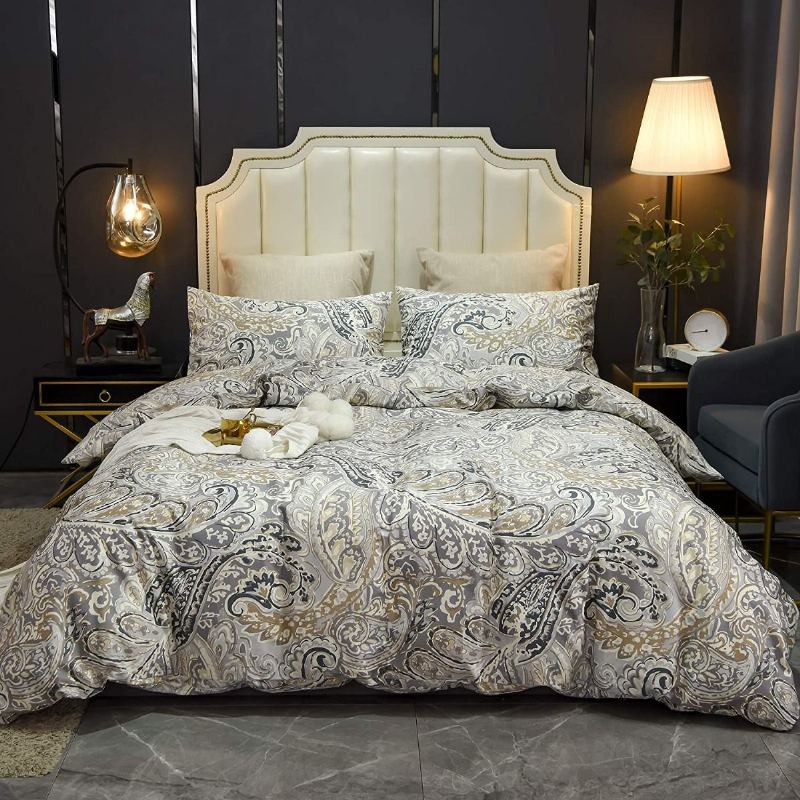 Luxusní Povlečení Ze 100% Bavlny Paisley 3 Ks Elegantní Sada Šedých Povlaků Na Přikrývku Se Zapínáním Na Zip