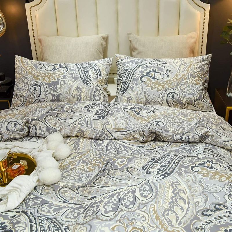 Luxusní Povlečení Ze 100% Bavlny Paisley 3 Ks Elegantní Sada Šedých Povlaků Na Přikrývku Se Zapínáním Na Zip