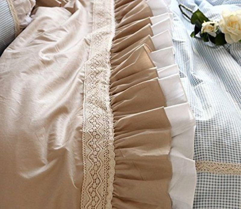 Princezna Bavlněná Krajková Sada Povlečení Modrá Ložnic Gingham 6dílná