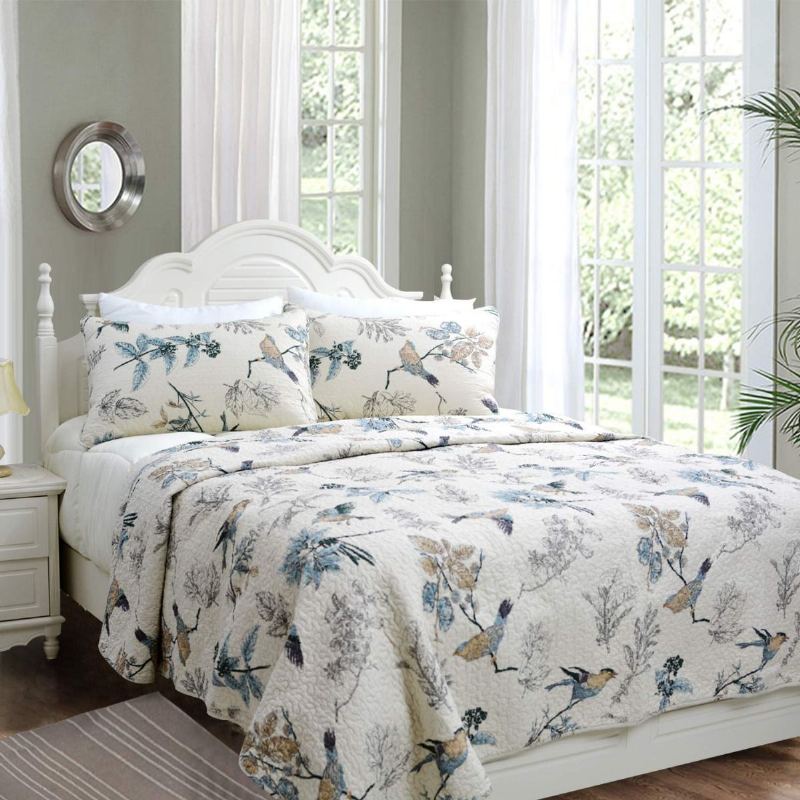 Sada Amerických Venkovských Přikrývek Ptáci S Potiskem Queen Quilt Set Béžová 3ks