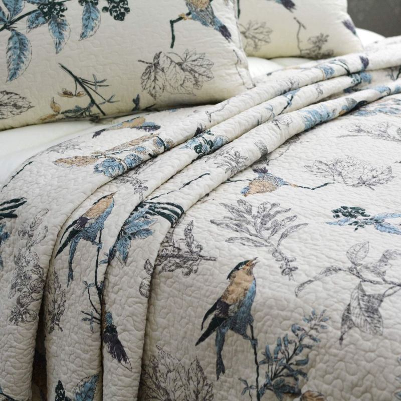 Sada Amerických Venkovských Přikrývek Ptáci S Potiskem Queen Quilt Set Béžová 3ks