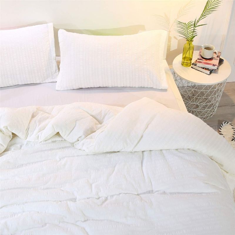 Sada Přikrývek Queen Size Luxury White Seersucker Set 100% Bavlna 3ks Měkká Docela Esteticky Lehká