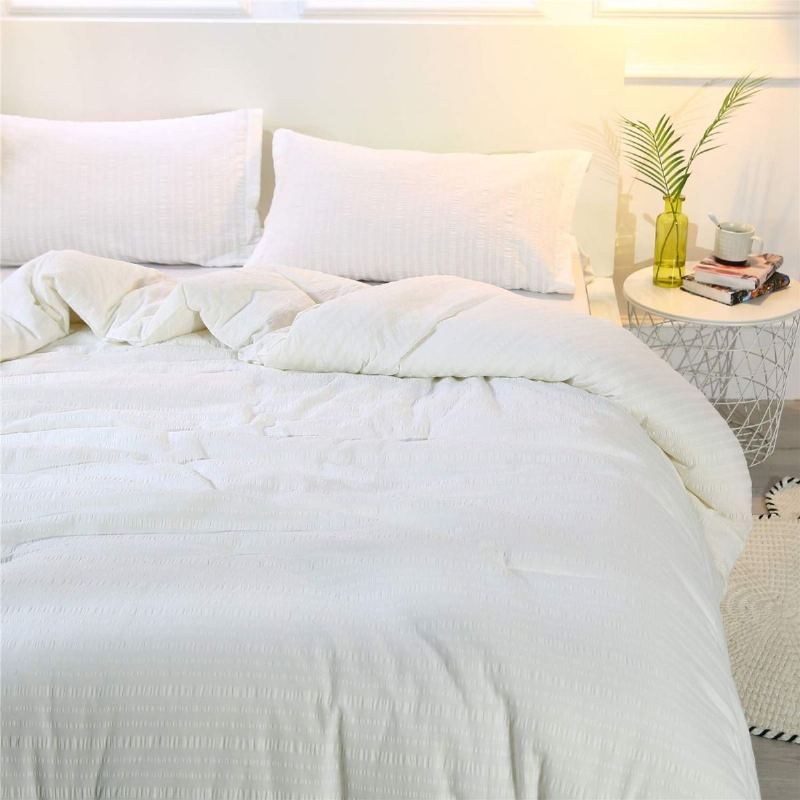 Sada Přikrývek Queen Size Luxury White Seersucker Set 100% Bavlna 3ks Měkká Docela Esteticky Lehká