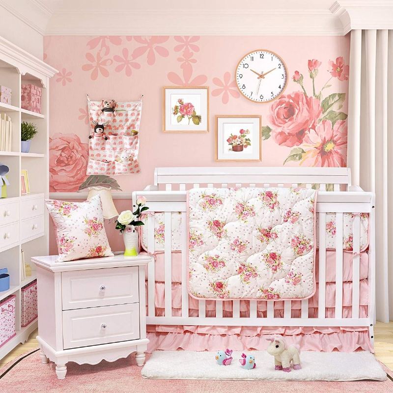 Sady Povlečení Do Postýlky Pro Dívky Blush Květinové Pro Miminko Set Do Luxusní Do Dětského Pokoje Princezna 100% Egyptská Bavlna