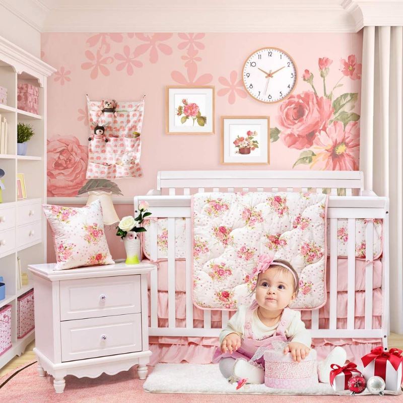 Sady Povlečení Do Postýlky Pro Dívky Blush Květinové Pro Miminko Set Do Luxusní Do Dětského Pokoje Princezna 100% Egyptská Bavlna
