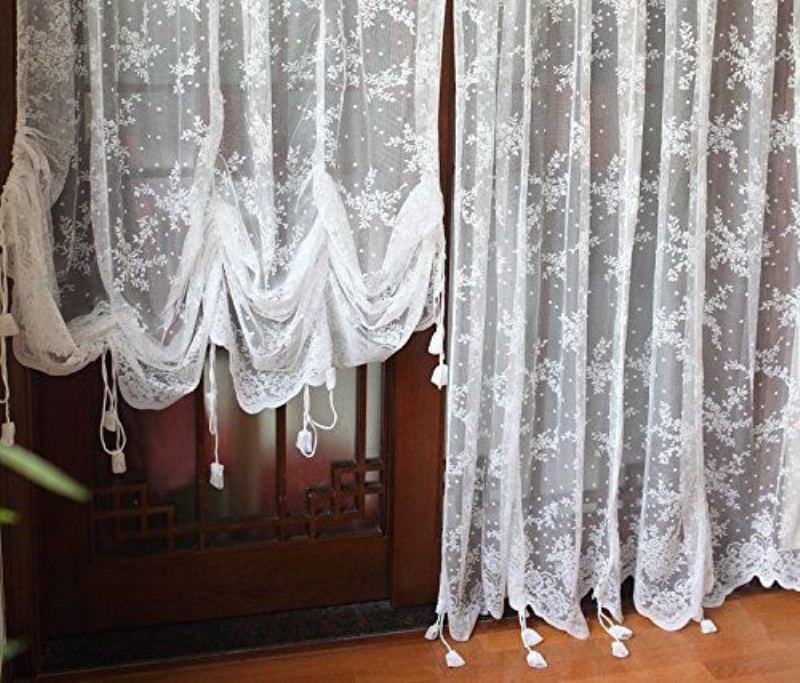 Elegantní Bílá Krajka Vyšívané Průhledné Balonové Závěsy Nastavitelný Závěs 1 Panel Květinové Tylové Pro Windows