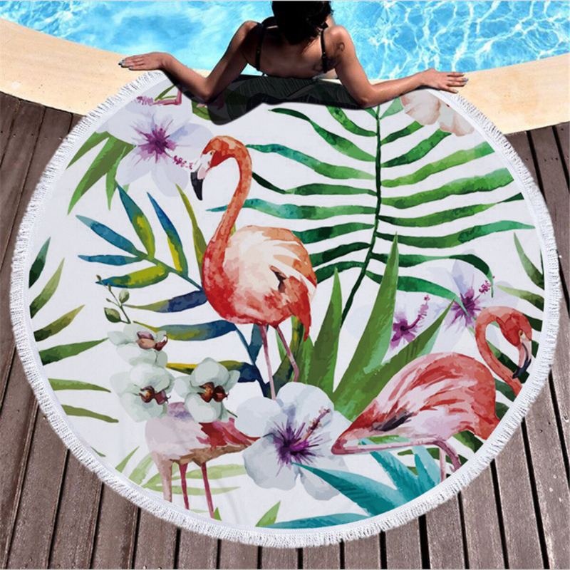Módní Flamingo 450g Kulatý Plážový Ručník Se Střapci Mikrovlákno 150cm Pikniková Deka Přikrývka