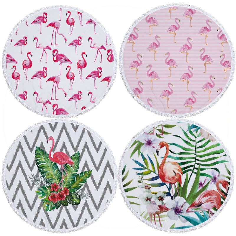 Módní Flamingo 450g Kulatý Plážový Ručník Se Střapci Mikrovlákno 150cm Pikniková Deka Přikrývka